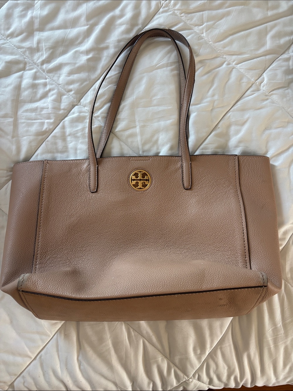 Tory Burch Pebbled Leather Tote in Dusty Tan